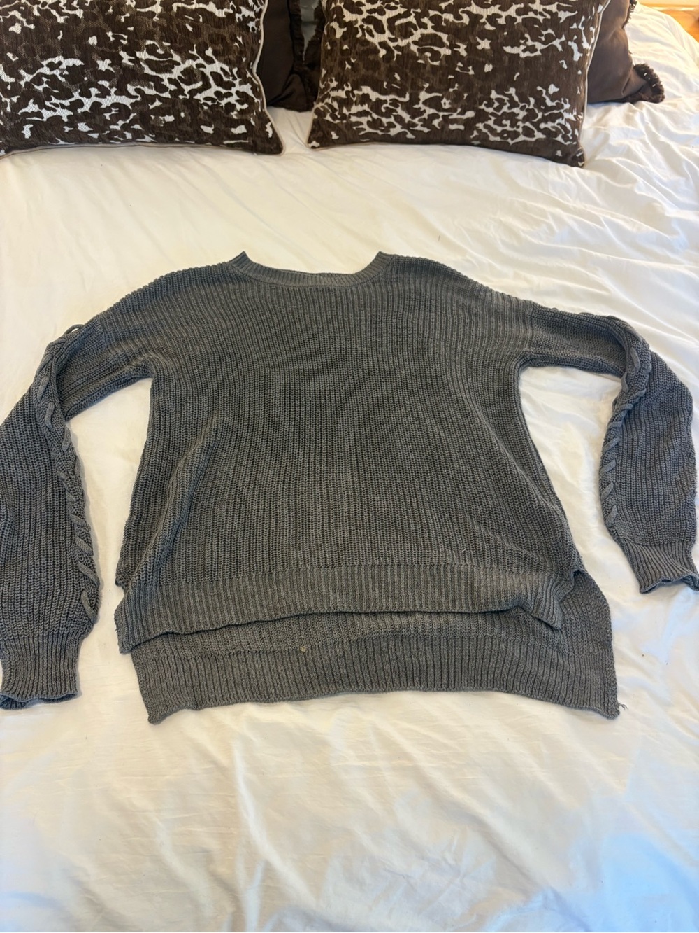 Pink Rose Gray Crewneck Sweater with Braided Sleeve Detail